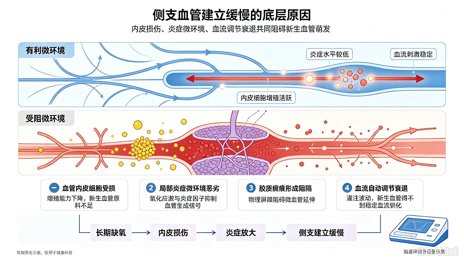 侧支血管建立缓慢的脑部底层原因是什么?