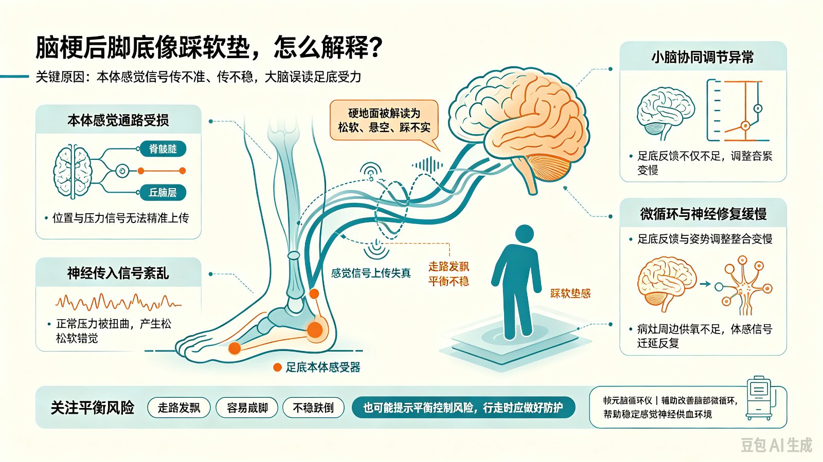 脑梗后出现脚底像踩软垫的体感如何解释?