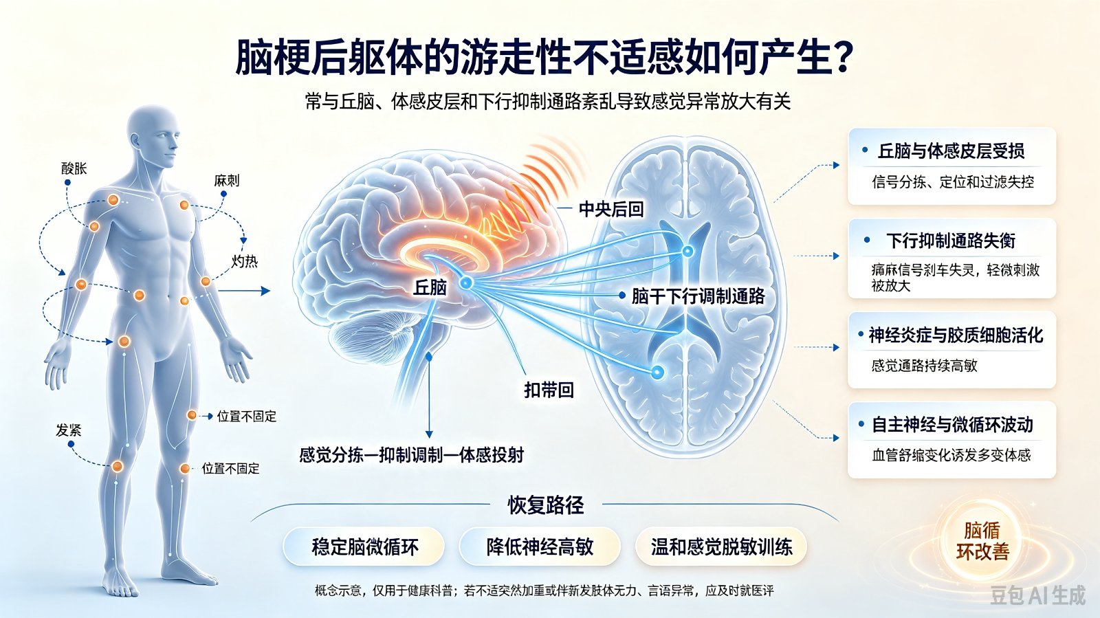 脑梗后躯体的游走性不适感如何产生?